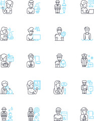 Fototapeta premium Clever tasks linear icons set. Creative, Innovative, Resourceful, Strategic, Analytical, Logical, Practical line vector and concept signs. Inventive,Efficient,Versatile outline illustrations