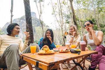4 friends having a summer party in the nature, happy joyful moment
