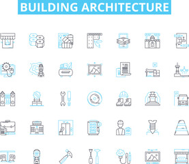 Building architecture linear icons set. Skyscraper, Blueprint, Facade, Columns, Foundations, Roofing, Materials line vector and concept signs. Design,Beams,Windows outline illustrations