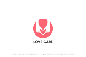 Affection care logo design illustration. Simple flat abstract creative silhouette of love heart hand care gesture donation in circle. Suitable for human care charity donation company  web app icon.