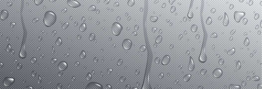 Realistic condensation water drops. Vector droplet on window transparent background. 3d clear glass drop steam texture set. Liquid wet surface png illustration with white reflection design macro view.