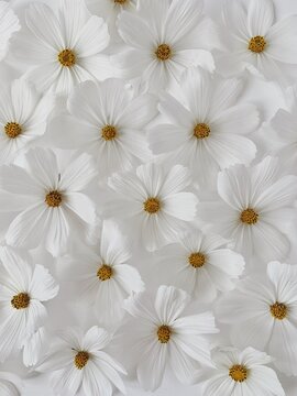 Closeup beautiful white chamomile daisy flowers buds pattern. Minimal aesthetic flower background