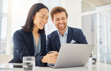 Business man, woman and laptop for planning, reading and happy with results in modern office. Japanese businesswoman, businessman and computer with diversity, teamwork and collaboration for strategy