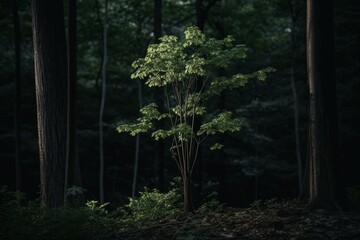 Young tree in a dark forest with tall trees in the back. Generative AI
