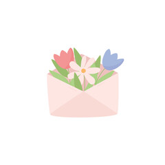 Colorful flowers in envelope, spring and summer - flat vector illustration isolated on white background.