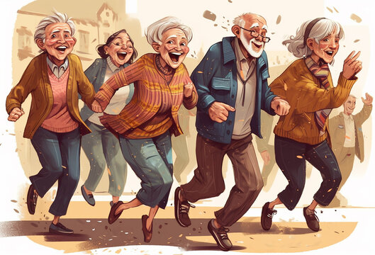 Illustration of a group of happy seniors dancing. Generative AI.
