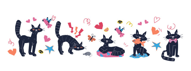 Funny black cat characters in different poses flat vector illustration isolated on white background. Domestic black cat sleeping, playing and hunting, for veterinary and pets care theme.