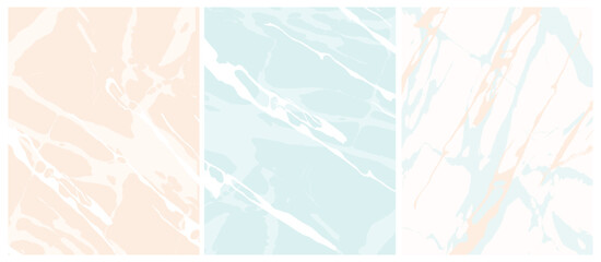 Set of 3 Delicate Abstract Marble Vector Layouts. Freehand Irregular Lines Isolated on a Light Coral, Pastel Blue and White Background. Soft Marble Stone Style Art. Pastel Color Blank Set. 	