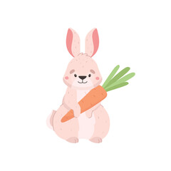 Easter rabbit or bunny with carrot in paws flat vector illustration isolated.