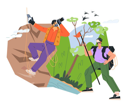 Hiking and rock climbing banner mockup with hikers in mountains, flat cartoon vector illustration isolated on white background. Climbing sport and tourism.