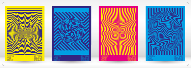 Geometrical Poster Design with Optical Illusion Effect.  Modern Psychedelic Cover Page Collection. Colourful Wave Lines Background. Fluid Stripes Art. Swiss Design. Vector Illustration for Brochure. - obrazy, fototapety, plakaty