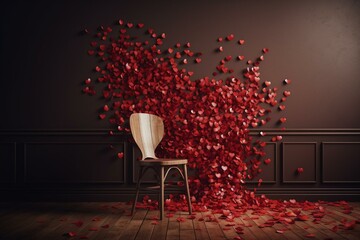 Valentine's Day wall with multiple hearts and a chair. Generative AI