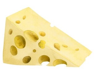 Watercolor triangle piece of Swiss cheese, emmental or yellow cheddar with holes illustration. Milk food, dairy product clipart isolated on white background for menu, recipe, label, Shavuot designs