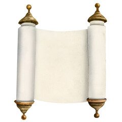 Open Torah scroll illustration template for Jewish holidays designs, Passover, Shavuot, Purim, Yom Kippur and Sukkot greetings. Hand drawn watercolor clipart isolated on white background