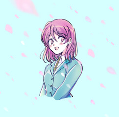 笑顔の女子学生　桜吹雪