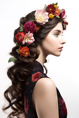 Long hair hairstyle with colorful flowers, generative ai