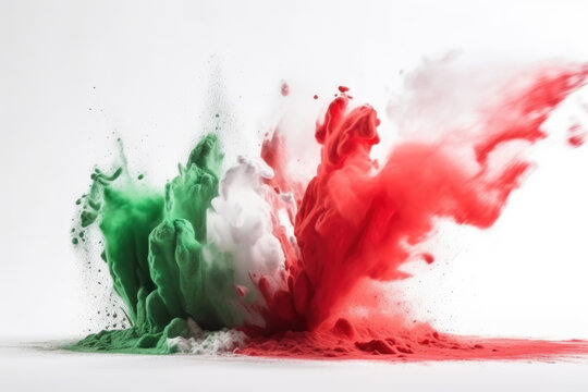 Italy Flag Holi Paint Splash on White Background. Italian Tricolore Flag Red, White, Green Colorful Burst. Celebrations concept. Generative AI.