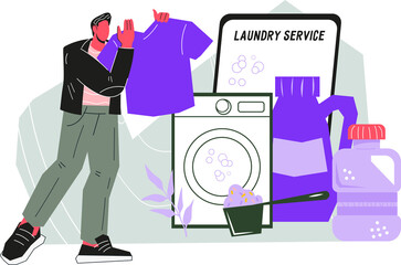 Man gets clean clothes from a laundry or dry cleaner. Public commercial laundry or professional dry cleaning and laundry service ban