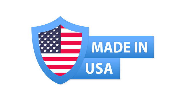 Made in the USA button. The symbol and stars of the flag of the United States of America. USA checkmark shield. Label with american flag and stars. Vector illustration