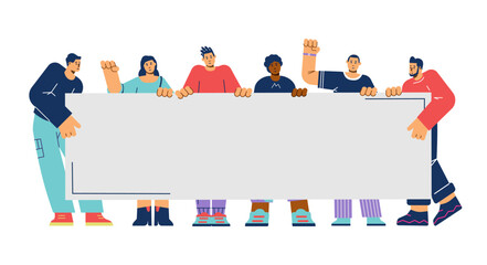 Group of people holding long empty sign flat style, vector illustration