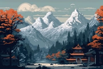 Buddhist monastery with mountains - Pixel art