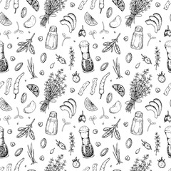 Food seamless pattern. Vector illustration in sketch style. Vintage background for restaurant menu and decoration © Kseniia