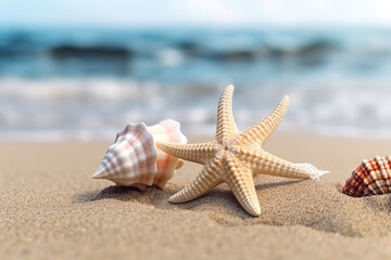Fototapeta na wymiar Summer background, hot sand beach landscape, sea coast and shells and starfish. Gentle colors, summer concept of travel and vacation in tropical places. Illustration. Generative AI.
