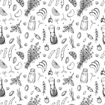 Food seamless pattern. Vector illustration in sketch style. Vintage background for restaurant menu and decoration