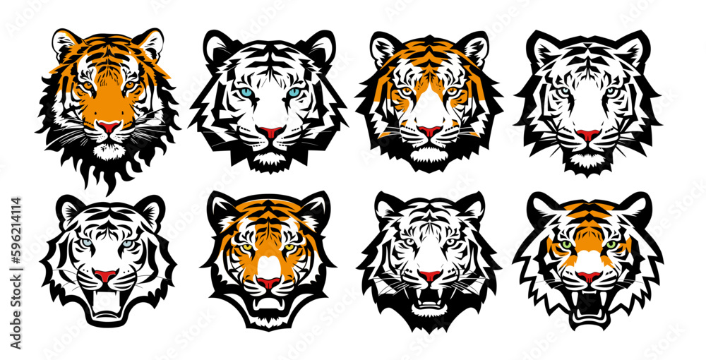 Wall mural Tiger head mascot collection, tiger icon set. Vector illustration.