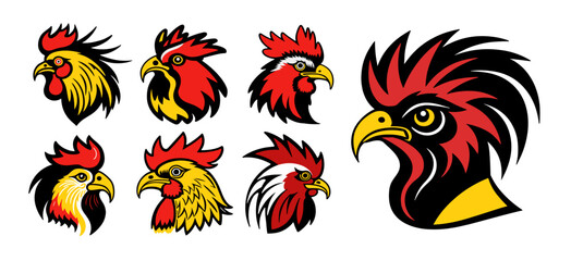 Exotic rooster head mascot collection, rooster icon set. Vector illustration.