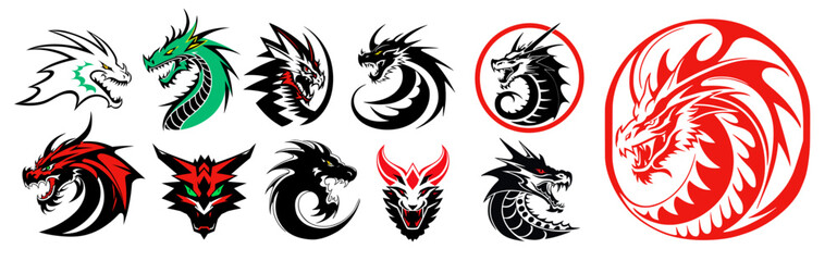 Dragon mascot collection, dragon icons set. Mythological beast sign. Vector illustration.