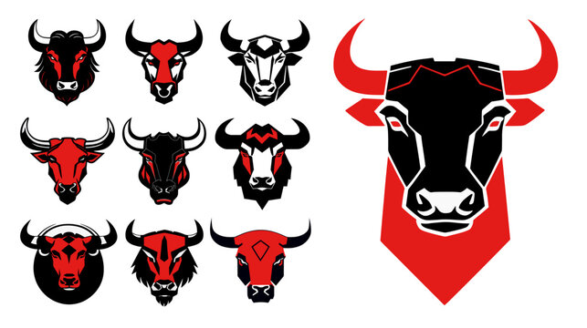 .Bull head mascot collection, black and red, logo set. Vector illustration.