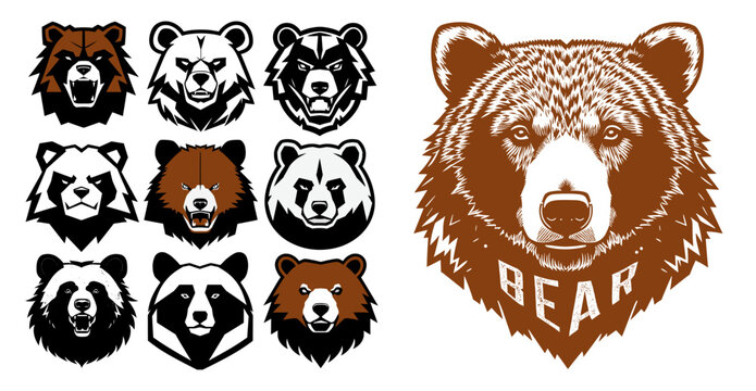Bear head mascot collection, black outline logo set. Vector illustration.