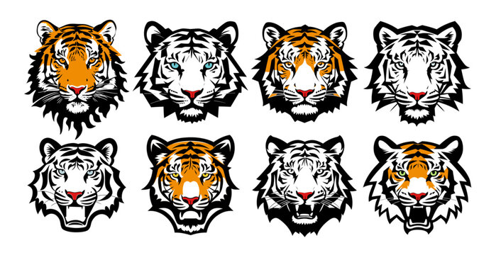 Tiger head mascot collection, tiger icon set. Vector illustration.