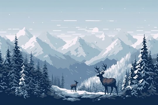 Schneelandschaft mit Renntier, Bergen und B&auml;umen - Pixel Kunst