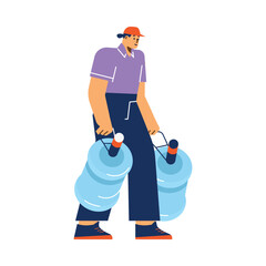 Courier man carrying big plastic bottles of clean water, flat vector illustration isolated on white background.