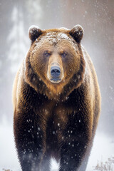 Large brown bear standing on top of snow covered ground next to forest. Generative AI.