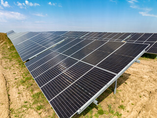 Drone photography of solar farm and blue sky, solar power plant in Poland, aerial photo photovoltaic power station on sunny day