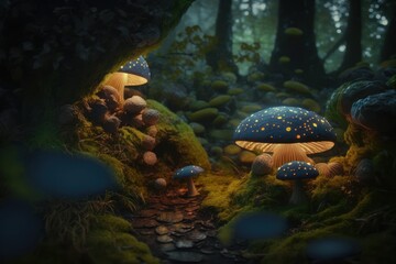 Fototapeta na wymiar Glowing lights and mushrooms in old irish forest - Generative AI