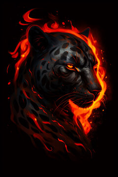 Close up of black and red tiger's face with flames. Generative AI.