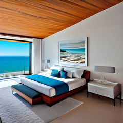 A modern bedroom with a view of the ocean and sleek furnishings