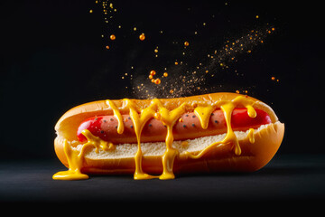Hot dog with mustard and ketchup on bun with mustard and ketchup. Generative AI.