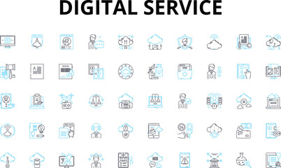 Digital service linear icons set. Online, Virtual, Connected, Social, Automated, Efficient, Streamlined vector symbols and line concept signs. Agile,Robust,Innovative illustration