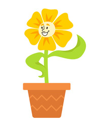 Potted flower waving leaf. Fictional character in cartoon style.