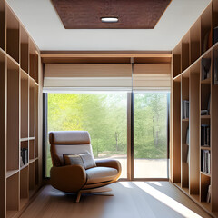 A modern library or study with built-in bookshelves and plenty of natural light