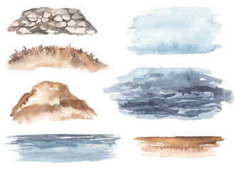 Rock, stones, sandy beach, sea, sky, grass, shore, watercolor seascape, sea backgrounds