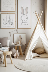 Child's bedroom with teepee tent and toys on the floor. Generative AI.