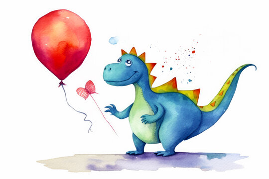 Watercolor painting of dinosaur holding red balloon with string attached to it. Generative AI.