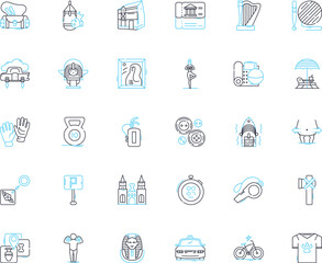Rustic exploration linear icons set. Adventure, Wilderness, Nature, Discovery, Wanderlust, Frontier, Pier line vector and concept signs. Homestead,Trailblazing,Outdoors outline illustrations