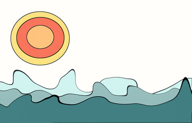 Simple abstract seascape. Creative drawing illustration of ocean waves and sun. Scenic view of the sea waves at sunset. Dark blue sea, river waves, wavy winding parallel stripes. Sun and sea logo.